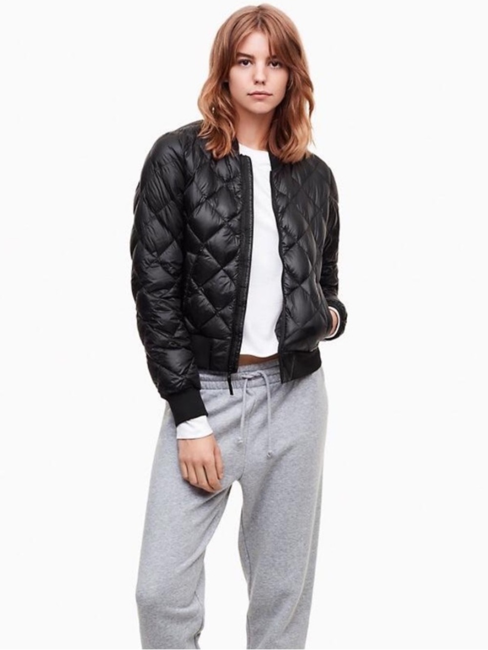 Aritzia TNA Black Quilted Diamond-Pattern Bomber Jacket Size S